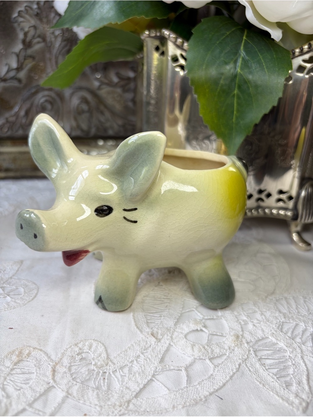 Ceramic white floral pig miniature planter creamer vintage Shawnee decor